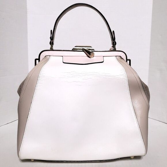 Cromia White Pink Coated Colorblock Suede Textured Leather Satchel Womens - Picture 10 of 16